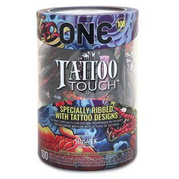 Zestaw prezerwatyw ONE Tattoo Touch, 100 szt., z reliefem w postaci tatuażu, 3 odmiany, opakowanie tubowe