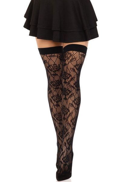 Leg Avenue Wild net thigh highs stockings, One Size, black, wide elastic, pattern