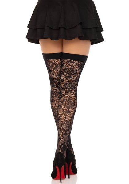 Leg Avenue Wild net thigh highs stockings, One Size, black, wide elastic, pattern