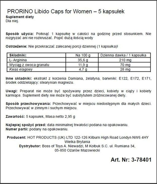 Kapsułki podniecające dla kobiet ERO PRORINO czarna linia Libido (cena za 5 kapsułek w opakowaniu)