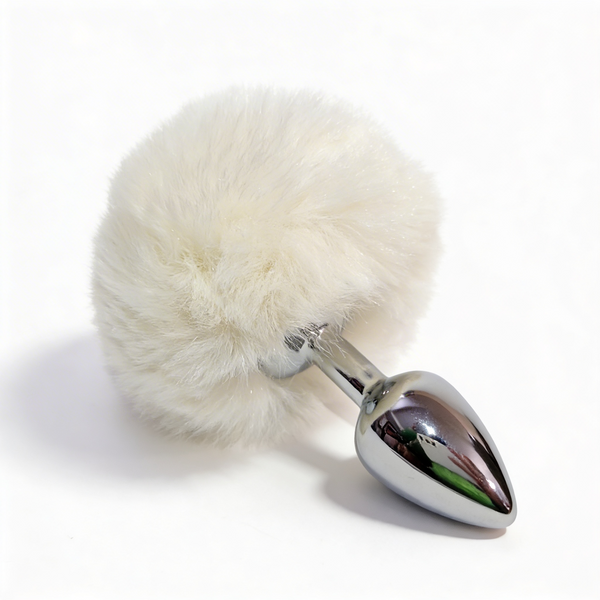 Anal plug ALUME, S, metallic silver with white fluff, 7 x 2.8 cm