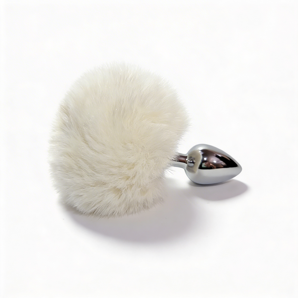 Anal plug ALUME, S, metallic silver with white fluff, 7 x 2.8 cm