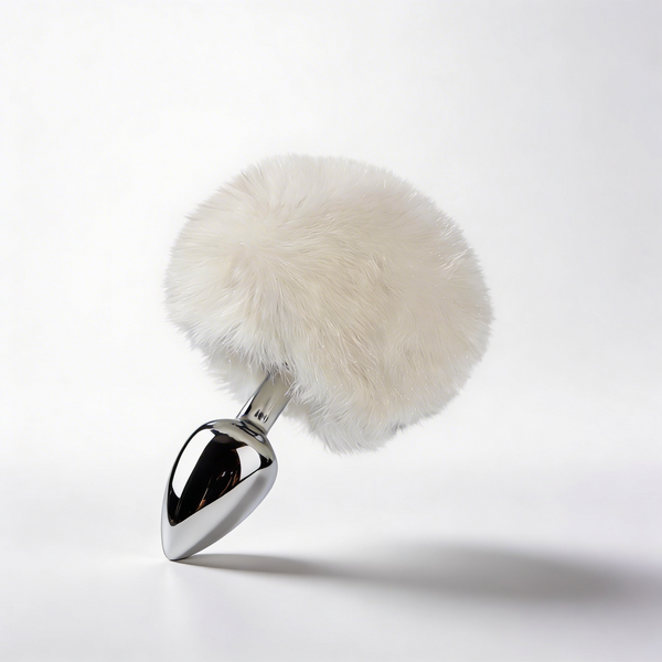 Anal plug ALUME, S, metallic silver with white fluff, 7 x 2.8 cm