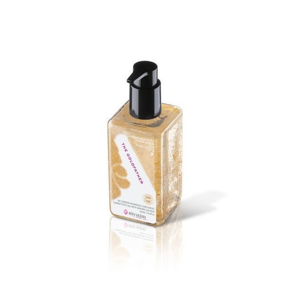 Lubricant with gold particles Mystim The Goldfather (250 ml) is suitable for electrical stimulation