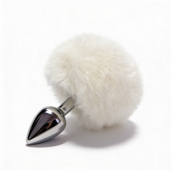 Anal plug ALUME, S, metallic silver with white fluff, 7 x 2.8 cm