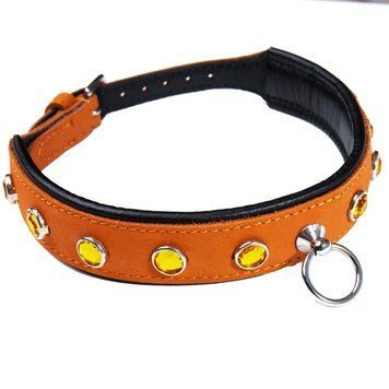 Collar with rhinestones thin DS Fetish leather, orange (Holland)