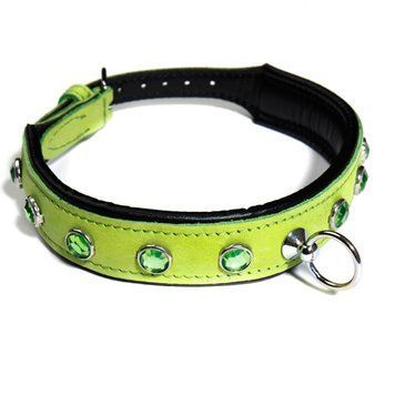 Collar with rhinestones thin DS Fetish leather, light green (Holland)