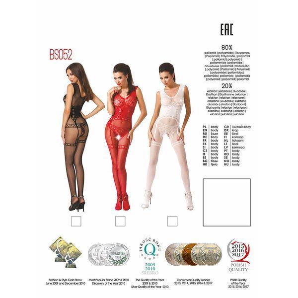 Bodystocking Passion BS052, jumpsuit, corset imitation with suspenders, stockings and panties, Black, S-L