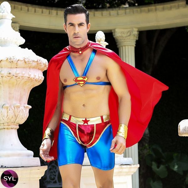 Мужской эротический костюм супермена "Готовый на всё Стив": плащ, портупея, шорты, манжеты SO2292 фото