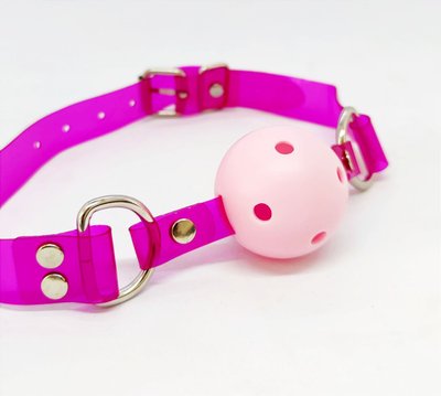 Кляп неоновый DS Fetish, малиновый ремешок с розовым шариком 88793 фото