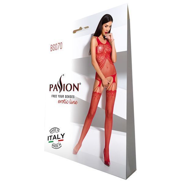 Bodystocking Passion BS070 czerwony, kombinezon, imitacja pończoch i ażurowy top