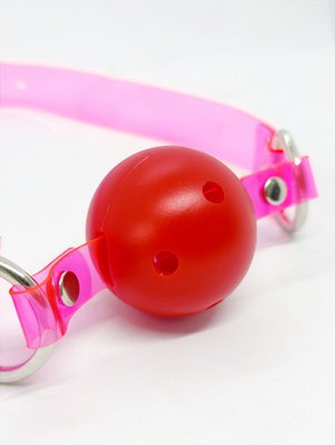 Кляп неоновый DS Fetish, розовый ремешок с красным шариком 88786 фото