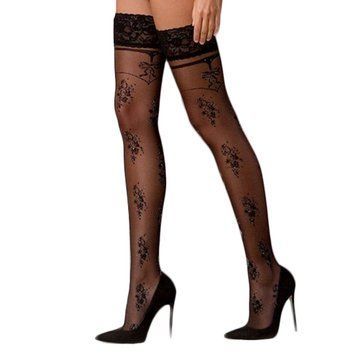 Stockings Passion ST119, on openwork silicone elastic, with floral decor and lurex thread, Black, 5