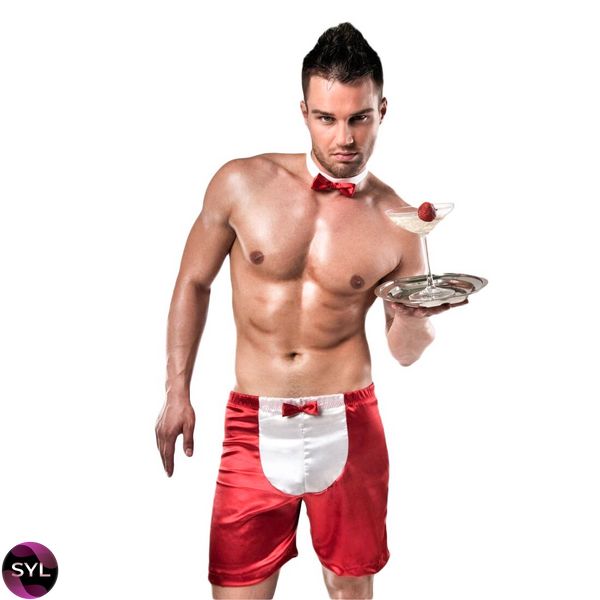 Мужской эротический костюм официанта Passion 019 SHORT red, шорты и бабочка PSM0191 фото