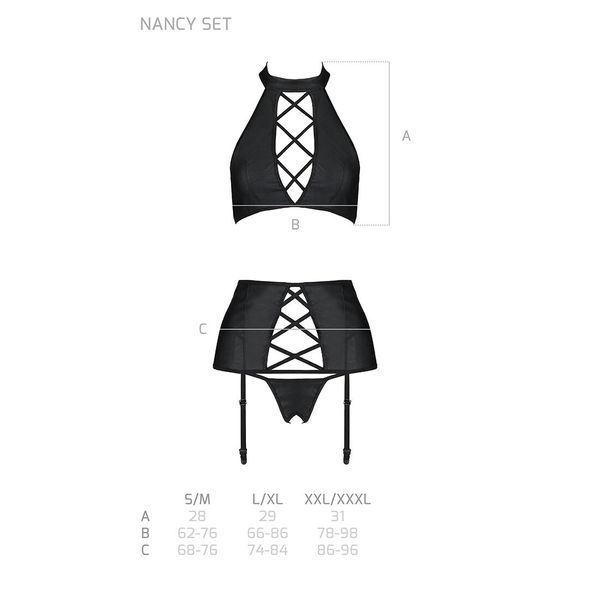 Komplet z eko-sk&oacute;ry z imitacją sznurowania Nancy Set - Passion top, majtki i pasek dla kobiet, rozmiar L/XL