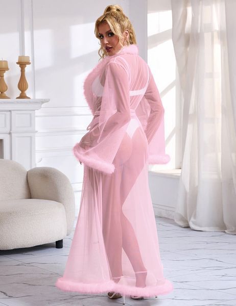 Полупрозрачный халатик Star Night с имитацией меха и поясом, размер M/L R81759-4/M/L фото