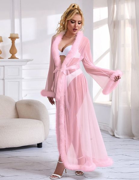 Полупрозрачный халатик Star Night с имитацией меха и поясом, размер M/L R81759-4/M/L фото