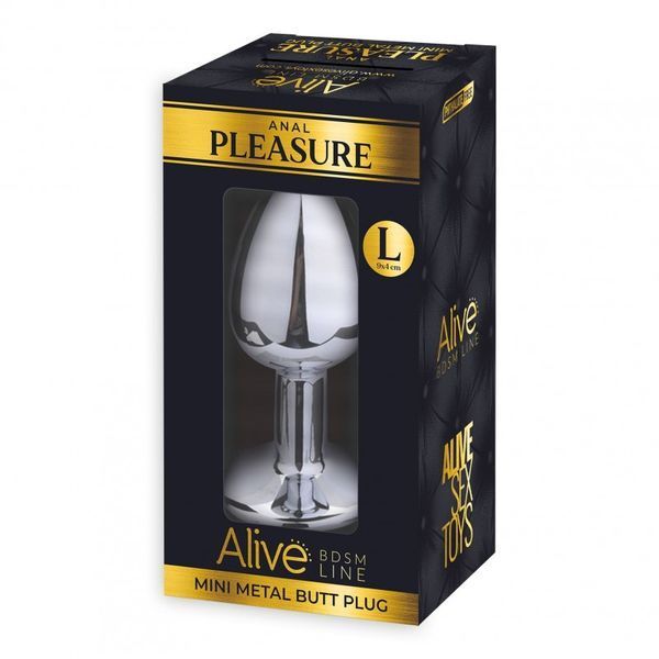 Anal plug Alive Anal Pleasure, L, with pink stone, silver, 9 x 4 cm