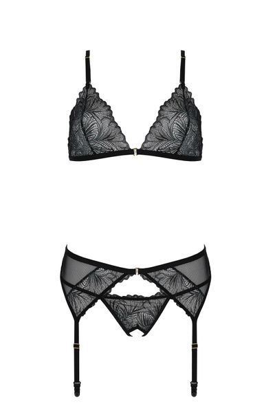 Комплект з відкритим доступом Passion DELIENA SET L/XL black, ліф, стрінги, пояс для панчіх SO8421 SafeYourLove