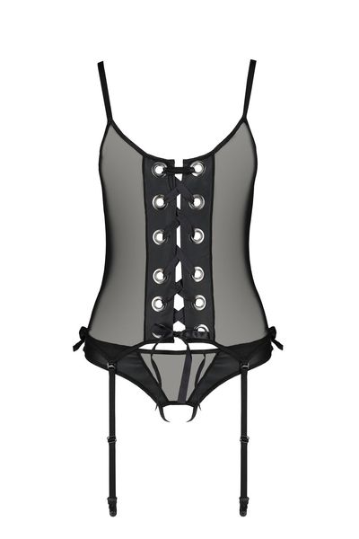 Корсет зі шнурівкою Passion NESSY CORSET XXL/XXXL black, стрінги з відкритим доступом, пажі для панч SO8456 SafeYourLove