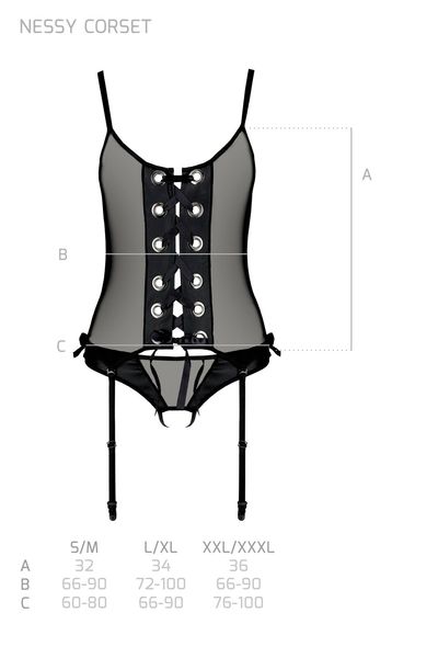 Корсет зі шнурівкою Passion NESSY CORSET XXL/XXXL black, стрінги з відкритим доступом, пажі для панч SO8456 SafeYourLove