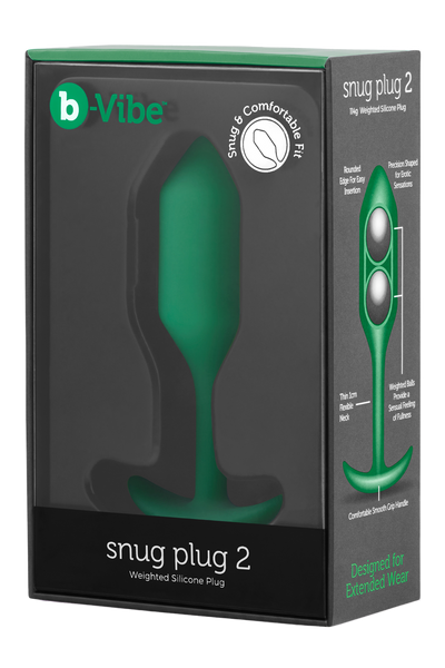 Зеленая анальная пробка со смещенным центром тяжести B-Vibe Snug Plug 2, силиконовая 65123 /BV-008 GRN фото