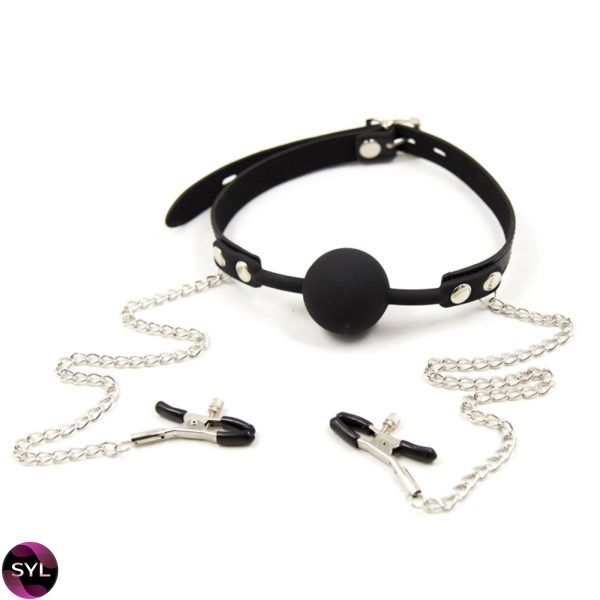 Кляп із затискачами на соски DS Fetish Locking gag with nipple clamps black 222402054 SafeYourLove