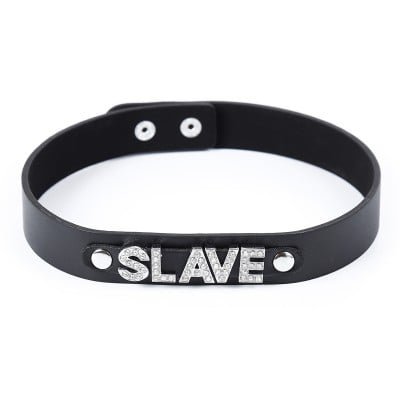 Ошейник с надписью SLAVE из страз DS Fetish, кожзам, черный 262402151 фото