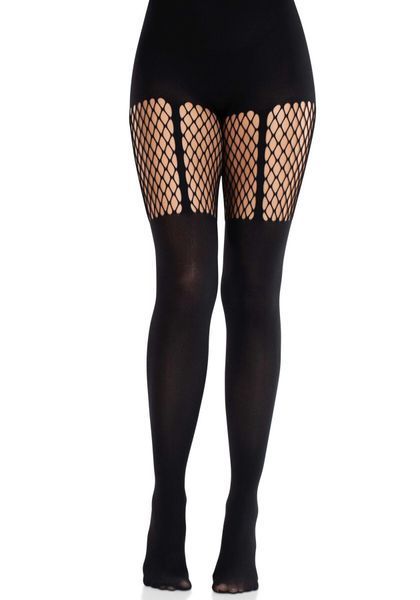 Leg Avenue Garter Illusion Tights with Net Detail One, Black