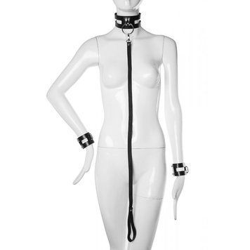 Collar with leash and handcuffs Candy Hero Fet25 genuine leather, black, XS-M
