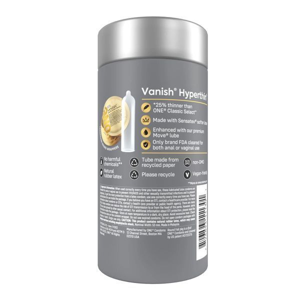 Prezerwatywy ONE Vanish Hyperthin, 12 szt., ultracienkie, nawilżone, tuba w pudełku upominkowym