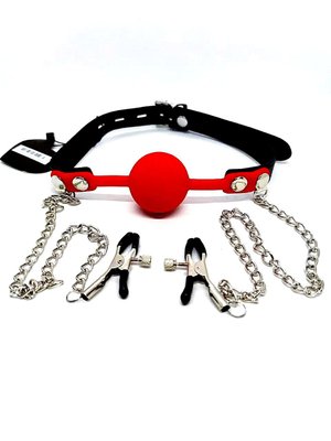 Кляп с зажимами на соски DS Fetish Locking gag with nipple clamps black/red 222002054 фото