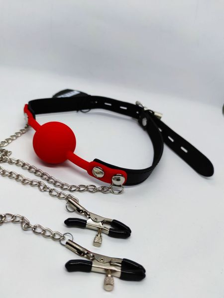 Кляп із затискачами на соски DS Fetish Locking gag with nipple clamps black/red 222002054 SafeYourLove