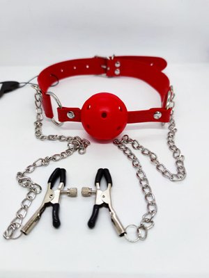 Кляп DS Fetish Ball gag with nipple clamps red 222002025 фото