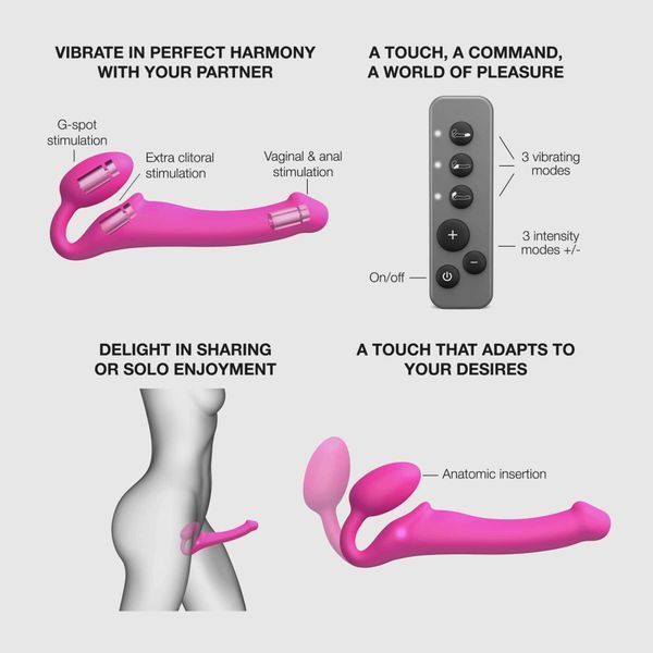 Безременный страпон с вибрацией Strap-On-Me Vibrating Fuchsia XL, диам. 4,7см, пульт ДУ, регулируемый SX2573 фото