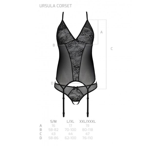 Корсет із пажами, трусики з ажурним декором та відкритим кроком Passion Ursula Corset black SO5835 SafeYourLove