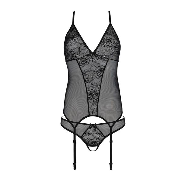 Корсет із пажами, трусики з ажурним декором та відкритим кроком Passion Ursula Corset black SO5835 SafeYourLove