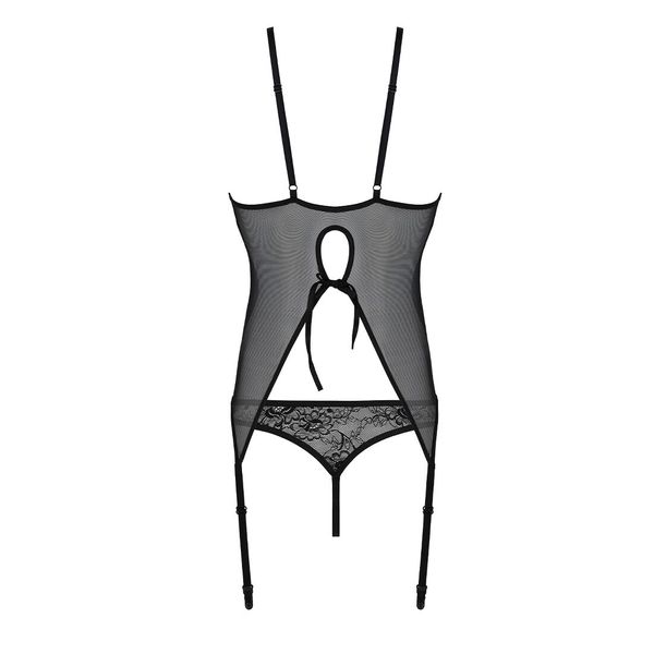 Корсет із пажами, трусики з ажурним декором та відкритим кроком Passion Ursula Corset black SO5835 SafeYourLove