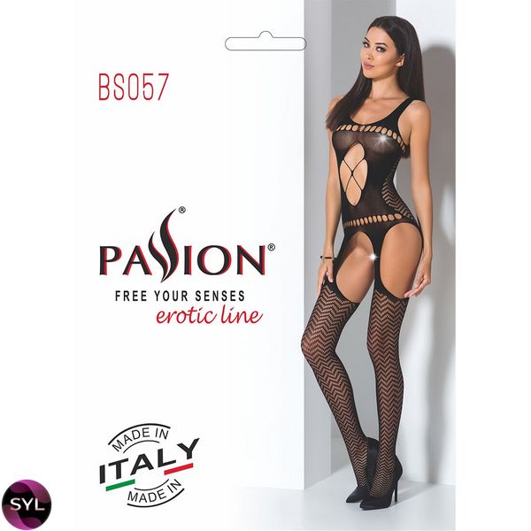 Бодістокінг Passion BS057 black, комбінезон, імітація панчох і пояса PBS057B SafeYourLove