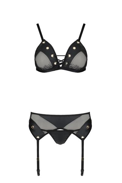 Комплект білизни Passion NESSY SET L/XL black, бюстгальтер, пояс для панчіх, стрінги SO8457 SafeYourLove