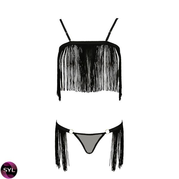 Комплект білизни KASSANDRA SET OpenBra black L/XL - Passion Exclusive: ліф з бахромою, трусики-спідн PS26301 SafeYourLove