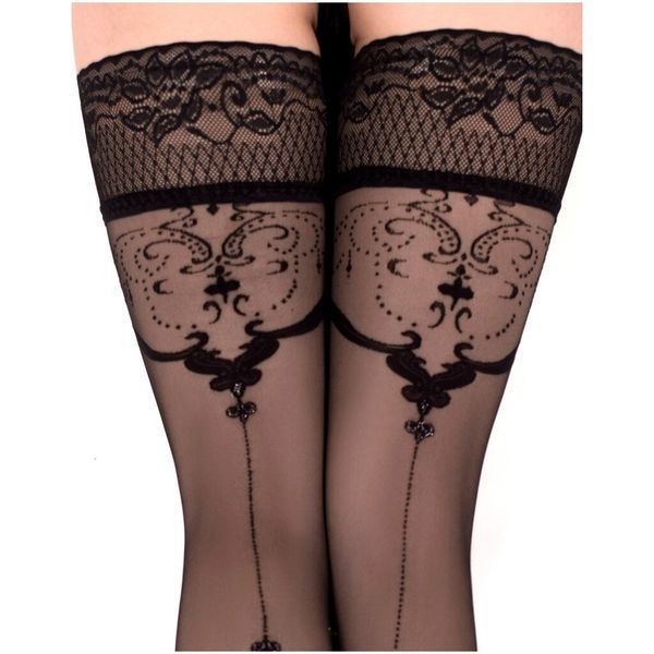 Ballerina's Secret stockings with fancy patterns and silicone lace, black, L/XL