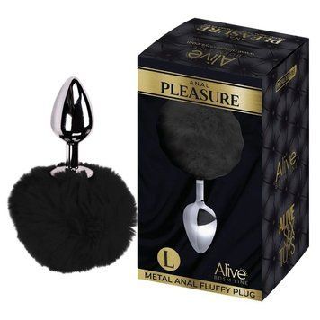 Korek analny Alive Anal Pleasure L z czarnym futerkiem, srebrny, 9 x 4 cm