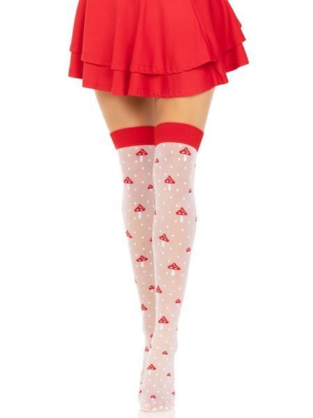 Leg Avenue Polka Dot Mushroom Thigh Highs, One Size, white and, elastic, mushroom pattern, Red