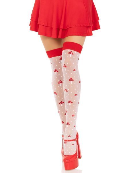 Leg Avenue Polka Dot Mushroom Thigh Highs, One Size, white and, elastic, mushroom pattern, Red
