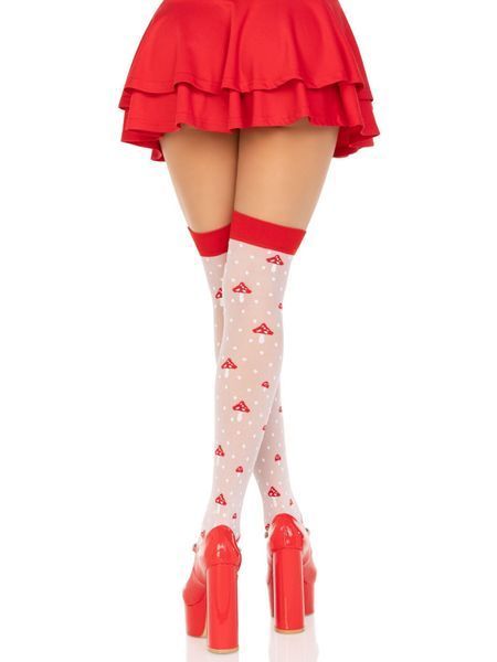 Leg Avenue Polka Dot Mushroom Thigh Highs, One Size, white and, elastic, mushroom pattern, Red
