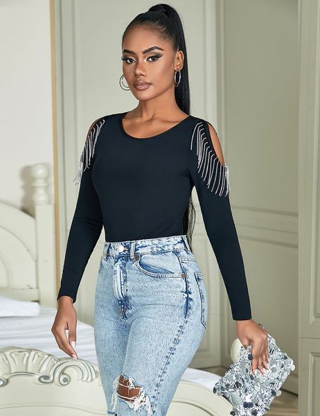 Black bodysuit with long sleeves Star Night and chain tassels, L