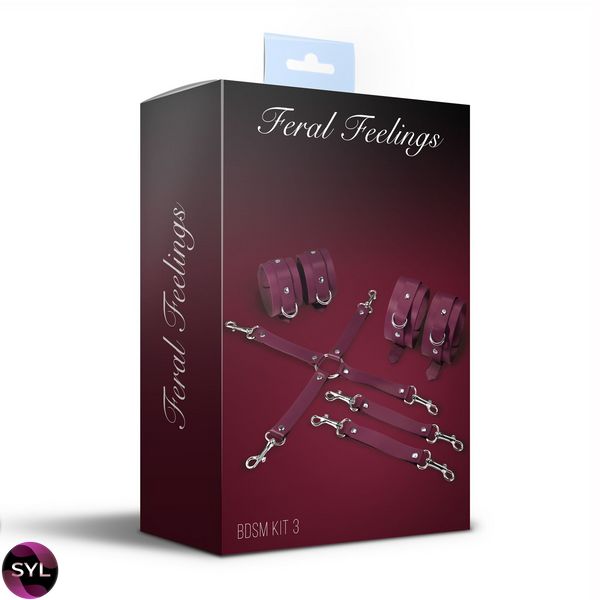 Набір для БДСМ 3 в 1 Feral Feelings BDSM Kit 3 Burgundy, burgundy, наручники, поножі, хрестовина SO8271 SafeYourLove