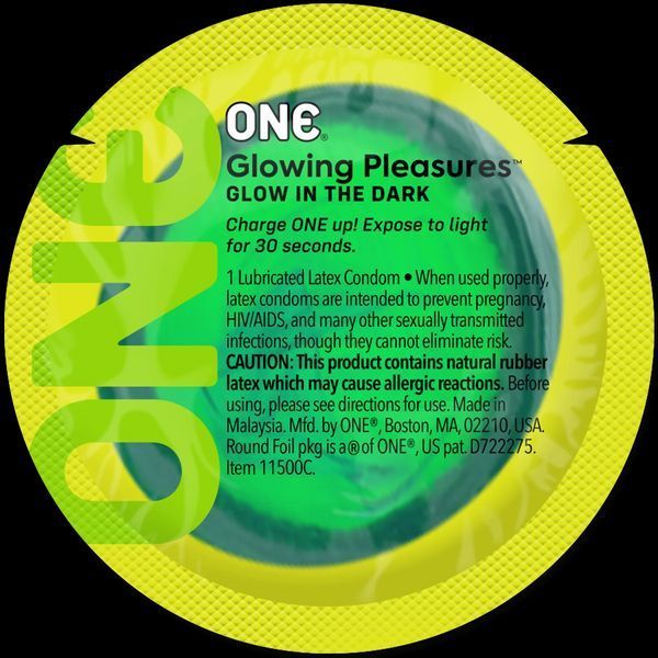 Zestaw prezerwatyw ONE Glowing Pleasures, 100 szt., świecących w ciemności, ze środkiem nawilżającym, opakowanie tubowe