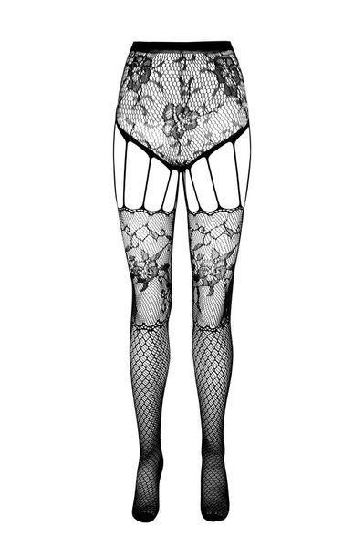 Rajstopy erotyczne-bodystocking Passion ECO S004, majtki zamknięte, dekoracje, podwiązki, kolor Black